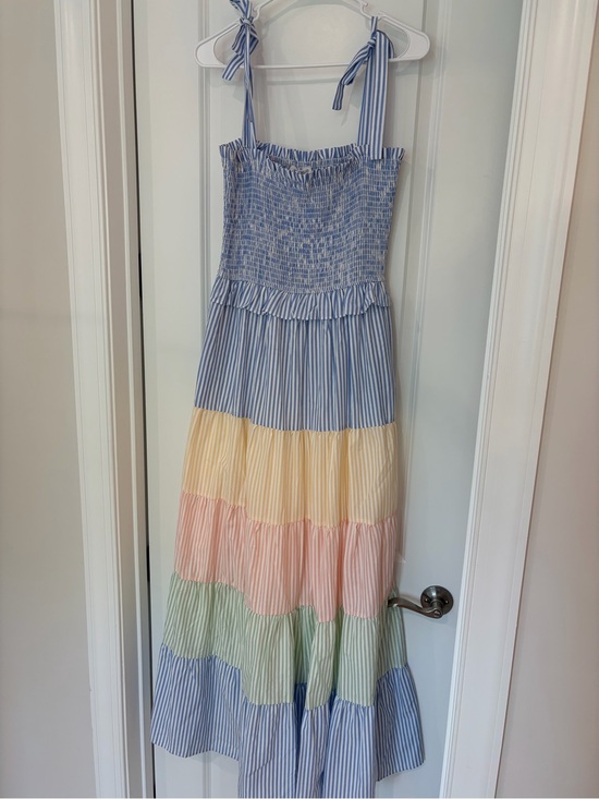 vestique Dresses & Skirts - vestique Pastel Multi-Stripe Smocked Maxi Dress - Blue, Yellow, Pink, Green